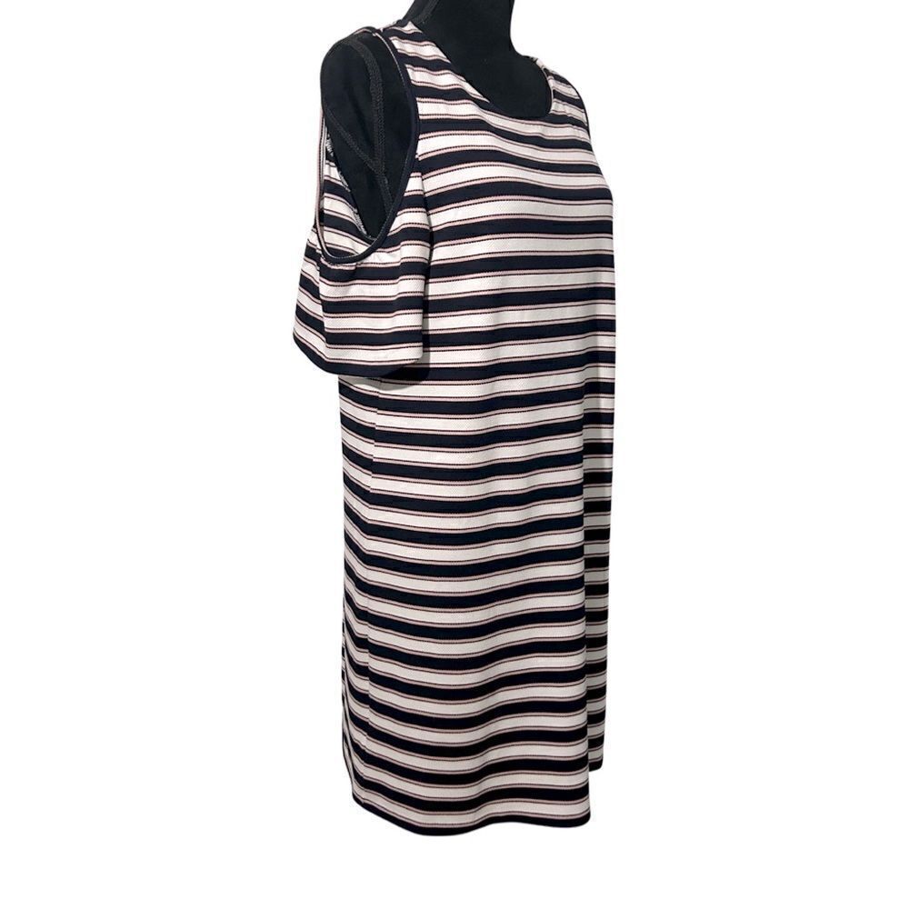 Ann Taylor Cold Shoulder Striped Flutter Dress Blue/Pink Size: Large Petite - Picture 5 of 9